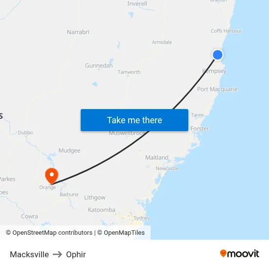 Macksville to Ophir map