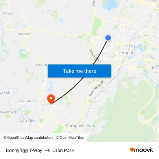 Bonnyrigg T-Way to Oran Park map