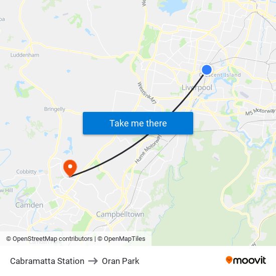 Cabramatta Station to Oran Park map