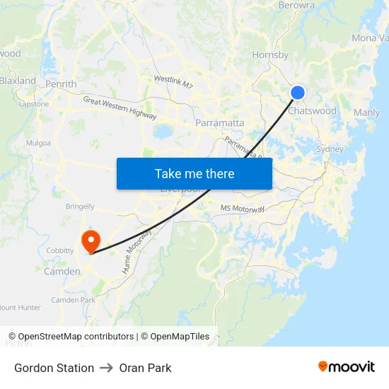 Gordon Station to Oran Park map