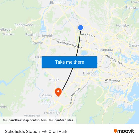 Schofields Station to Oran Park map