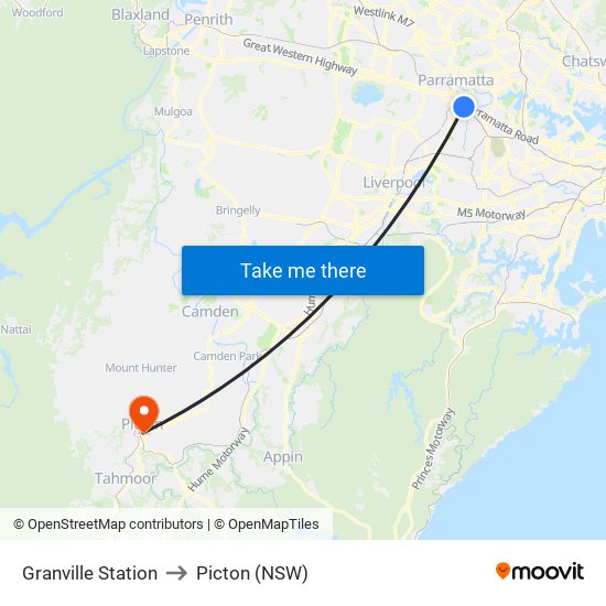 Granville Station to Picton (NSW) map