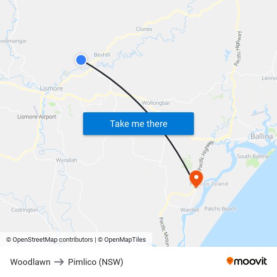 Woodlawn to Pimlico (NSW) map