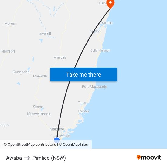 Awaba to Pimlico (NSW) map