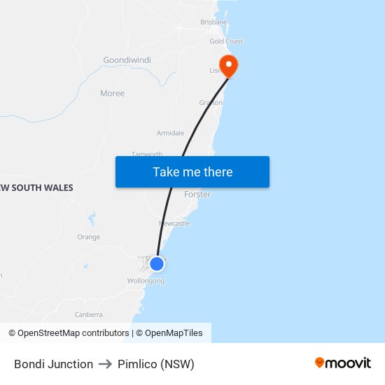Bondi Junction to Pimlico (NSW) map