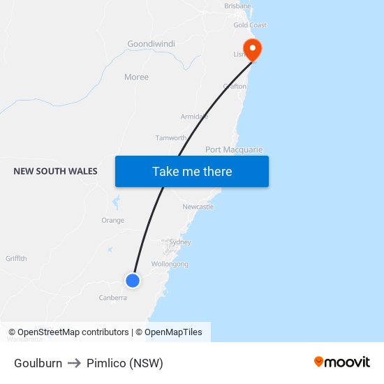 Goulburn to Pimlico (NSW) map