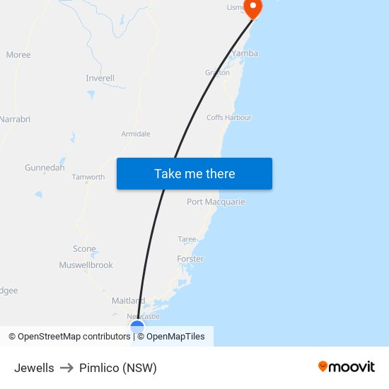 Jewells to Pimlico (NSW) map