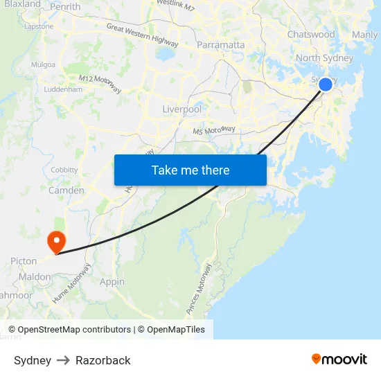Sydney to Razorback map