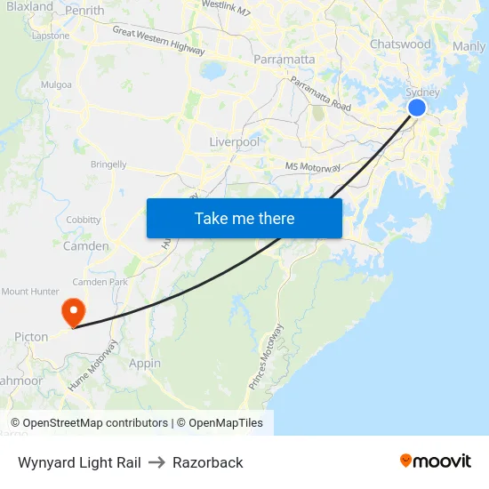 Wynyard Light Rail to Razorback map