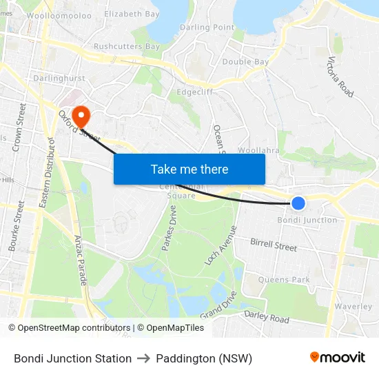 Bondi Junction Station to Paddington (NSW) map