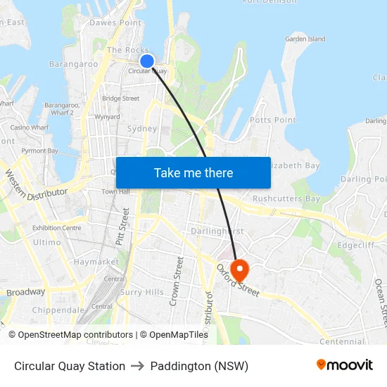 Circular Quay Station to Paddington (NSW) map