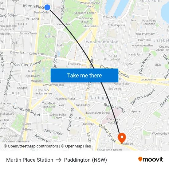 Martin Place Station to Paddington (NSW) map