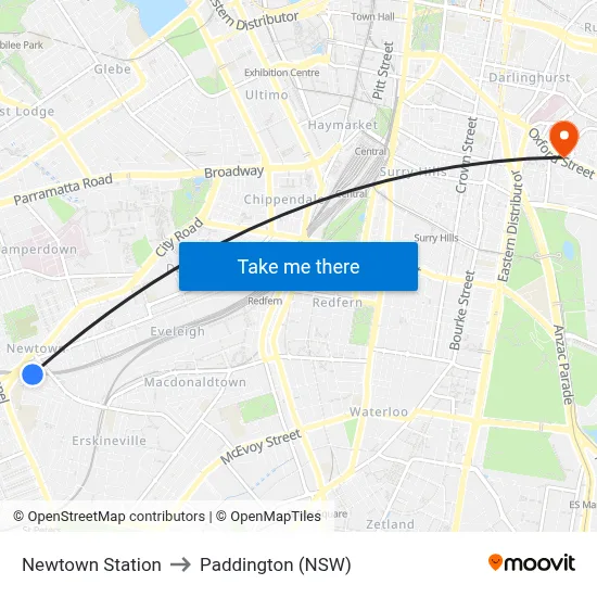 Newtown Station to Paddington (NSW) map
