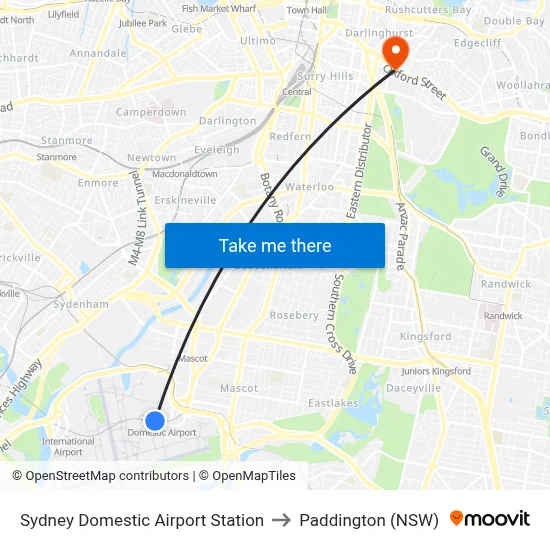 Sydney Domestic Airport Station to Paddington (NSW) map