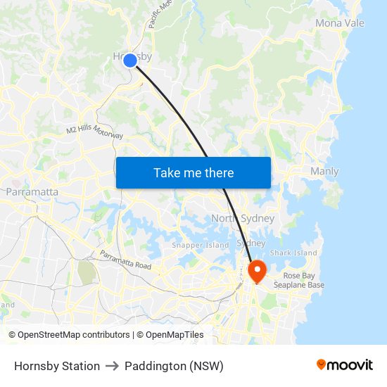 Hornsby Station to Paddington (NSW) map