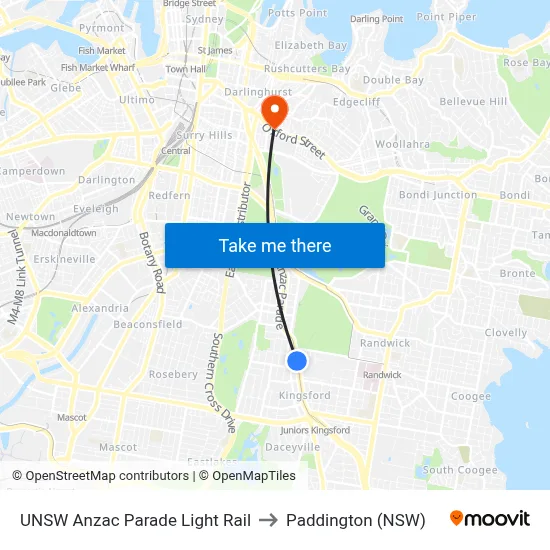 UNSW Anzac Parade Light Rail to Paddington (NSW) map