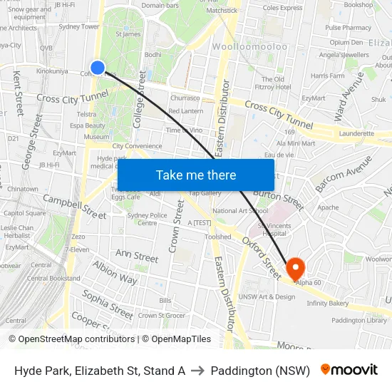 Hyde Park, Elizabeth St, Stand A to Paddington (NSW) map