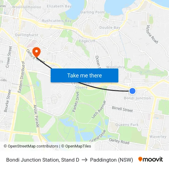 Bondi Junction Station, Stand D to Paddington (NSW) map