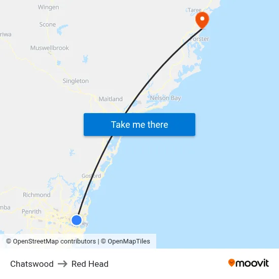 Chatswood to Red Head map