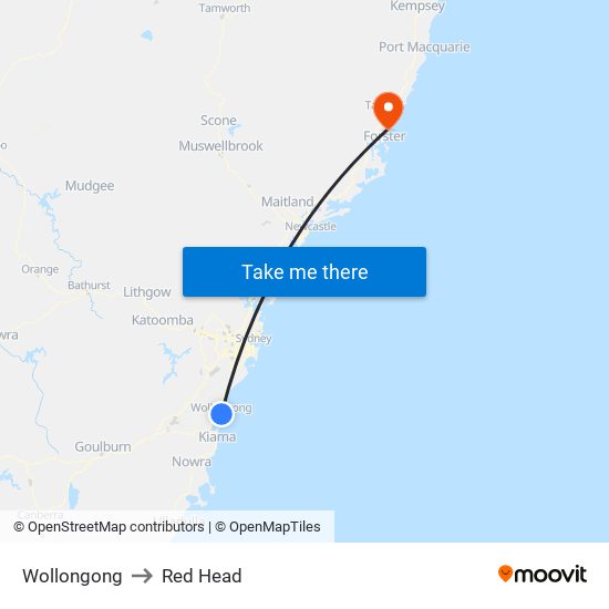 Wollongong to Red Head map