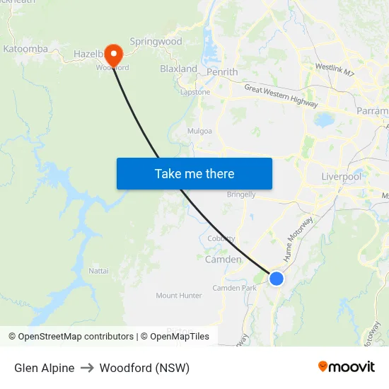 Glen Alpine to Woodford (NSW) map