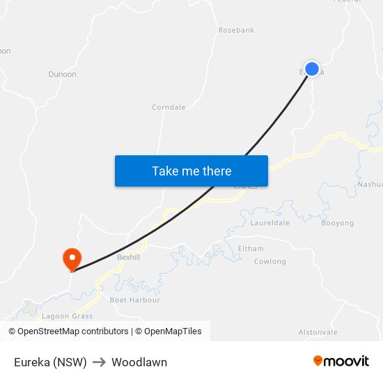 Eureka (NSW) to Woodlawn map