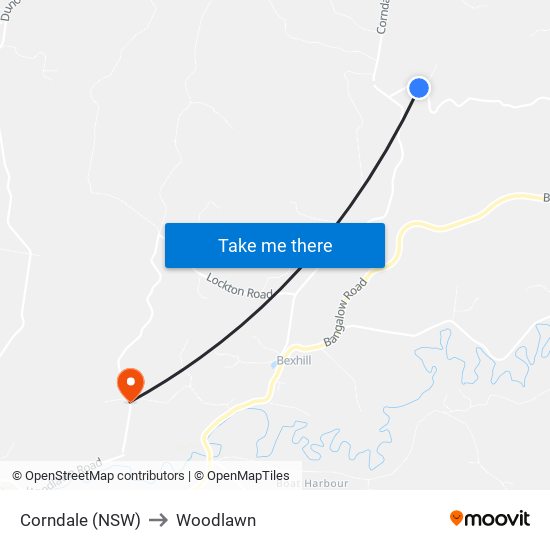 Corndale (NSW) to Woodlawn map