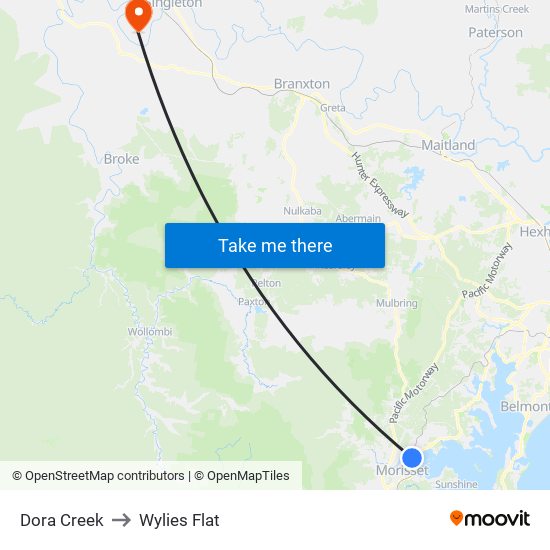 Dora Creek to Wylies Flat map