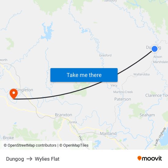 Dungog to Wylies Flat map