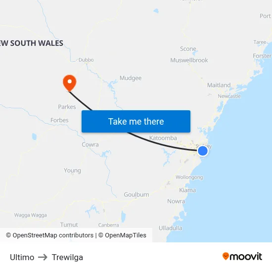 Ultimo to Trewilga map