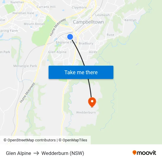 Glen Alpine to Wedderburn (NSW) map