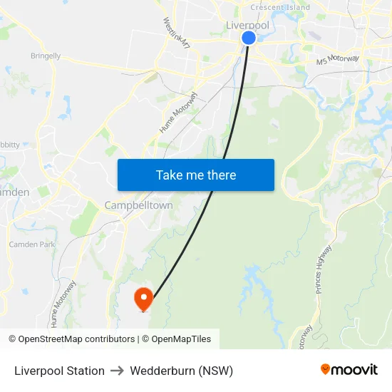 Liverpool Station to Wedderburn (NSW) map
