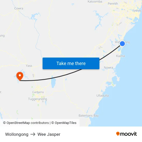 Wollongong to Wee Jasper map
