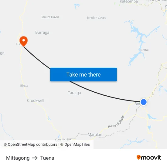 Mittagong to Tuena map