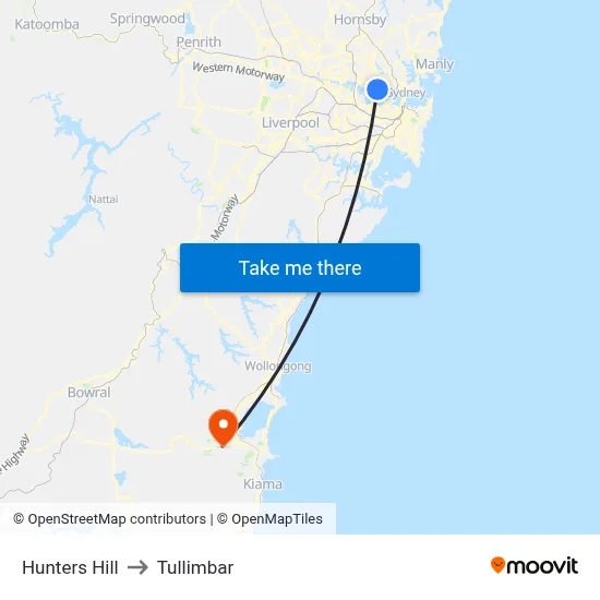 Hunters Hill to Tullimbar map