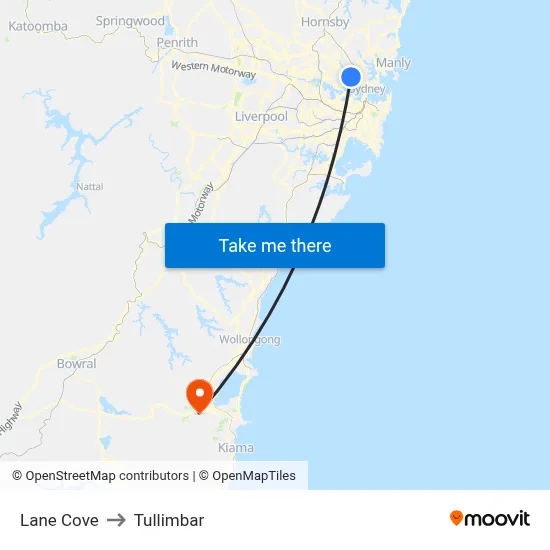 Lane Cove to Tullimbar map