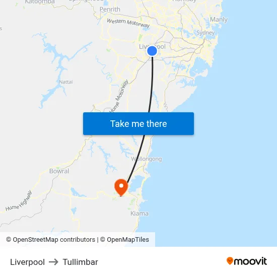Liverpool to Tullimbar map