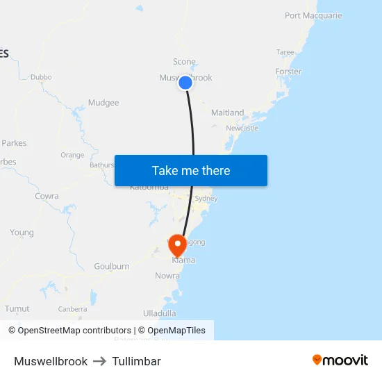 Muswellbrook to Tullimbar map