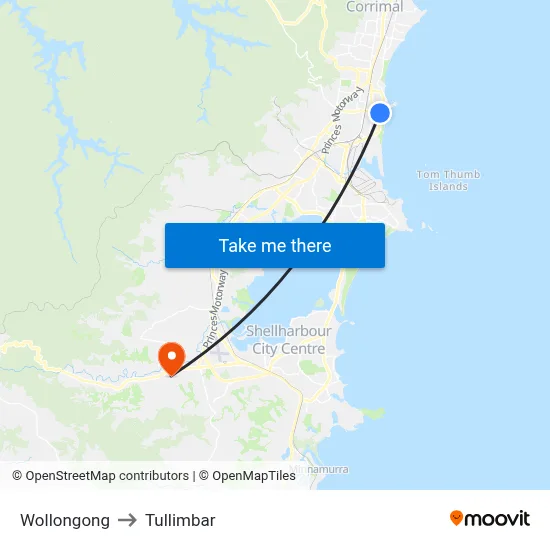 Wollongong to Tullimbar map