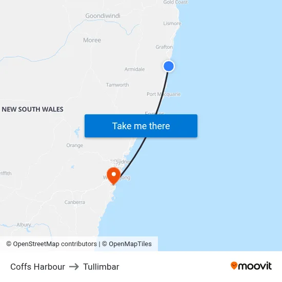 Coffs Harbour to Tullimbar map