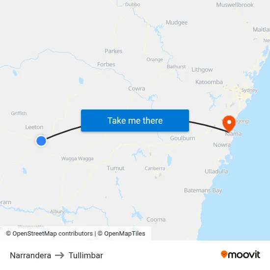 Narrandera to Tullimbar map