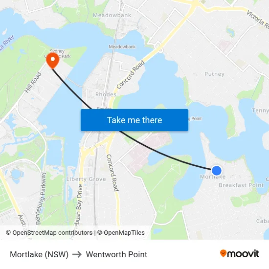 Mortlake (NSW) to Wentworth Point map
