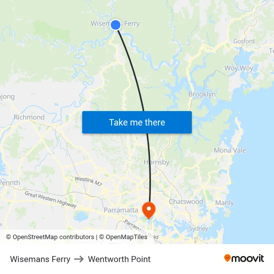 Wisemans Ferry to Wentworth Point map