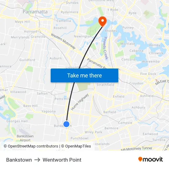 Bankstown to Wentworth Point map