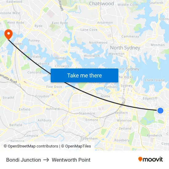 Bondi Junction to Wentworth Point map
