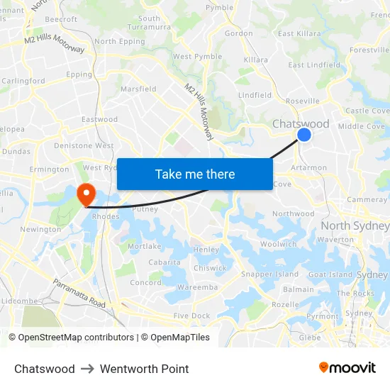 Chatswood to Wentworth Point map