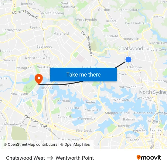 Chatswood West to Wentworth Point map
