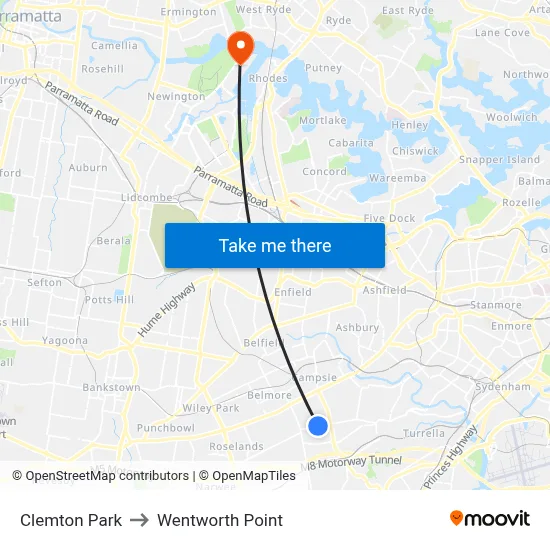 Clemton Park to Wentworth Point map
