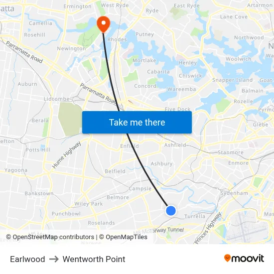 Earlwood to Wentworth Point map