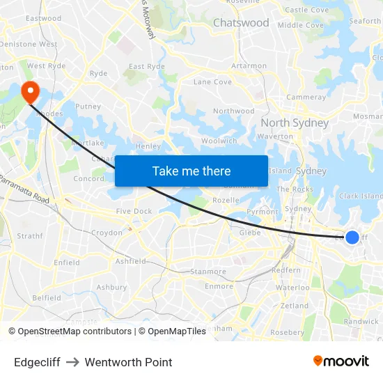 Edgecliff to Wentworth Point map